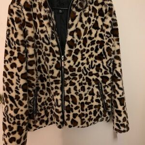 Leopard Print Faux Fur Jacket with Hood